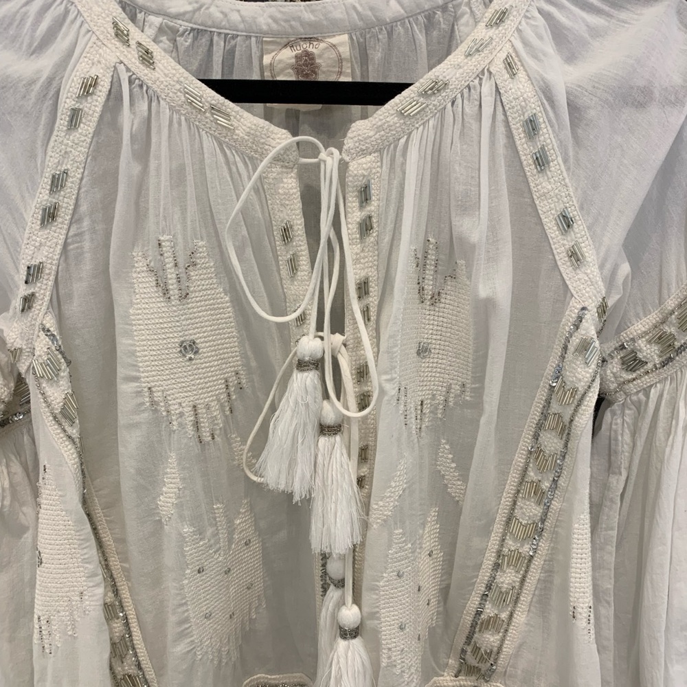 Muche Muchette white beaded and embroidered boho top with tassel ties size s/m